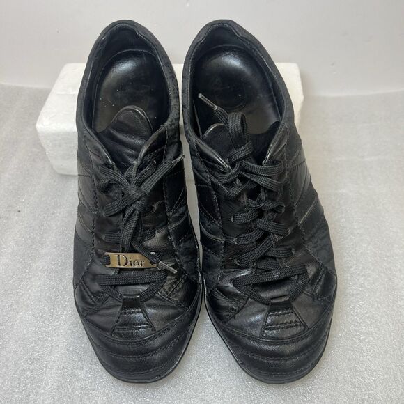 Christian Dior Vtg Trainers Low Black Leather Canvas Womens Sneaker Sz 37.5 US 7 - Picture 2 of 15